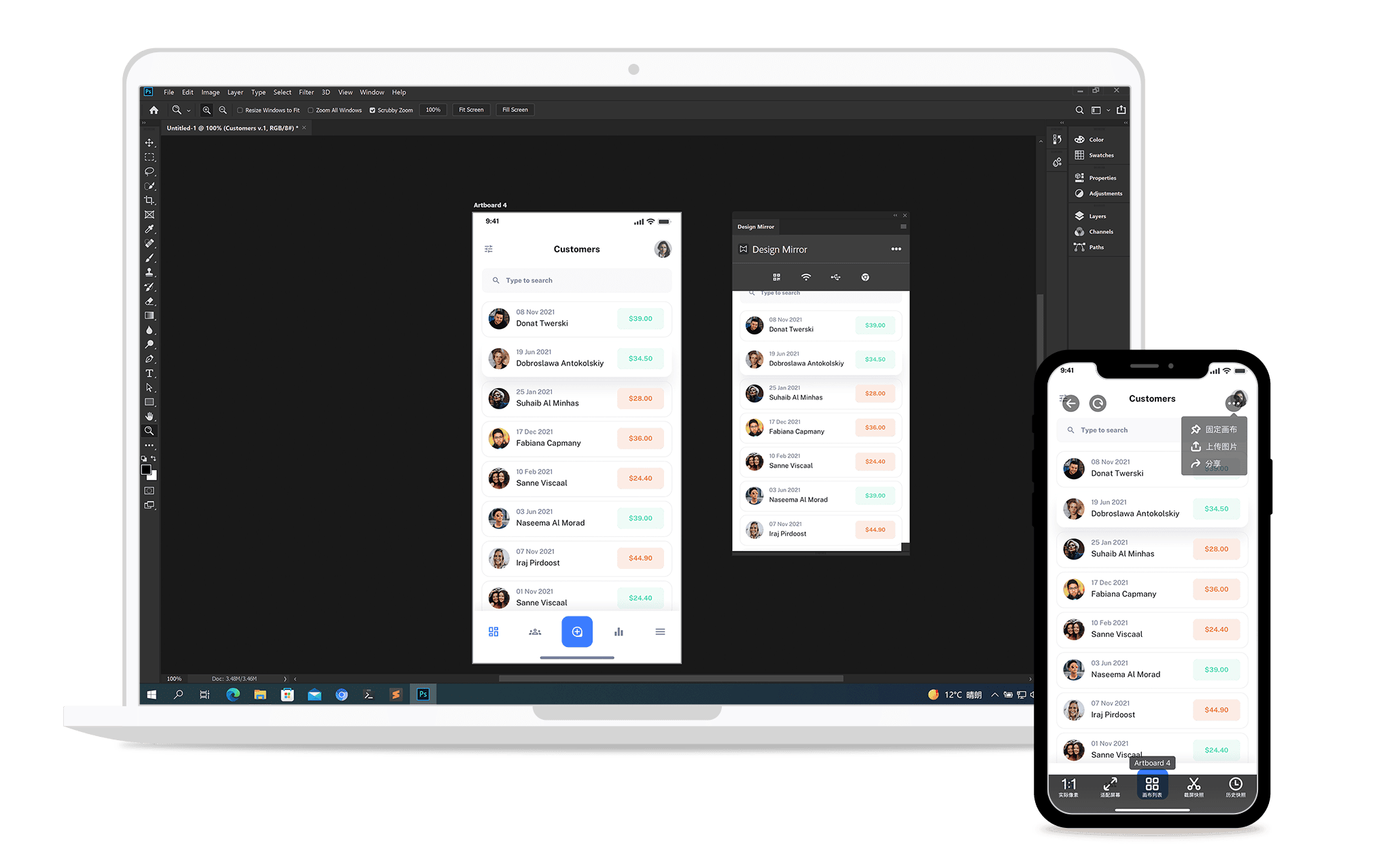Photoshop 中的 Design Mirror 插件面板