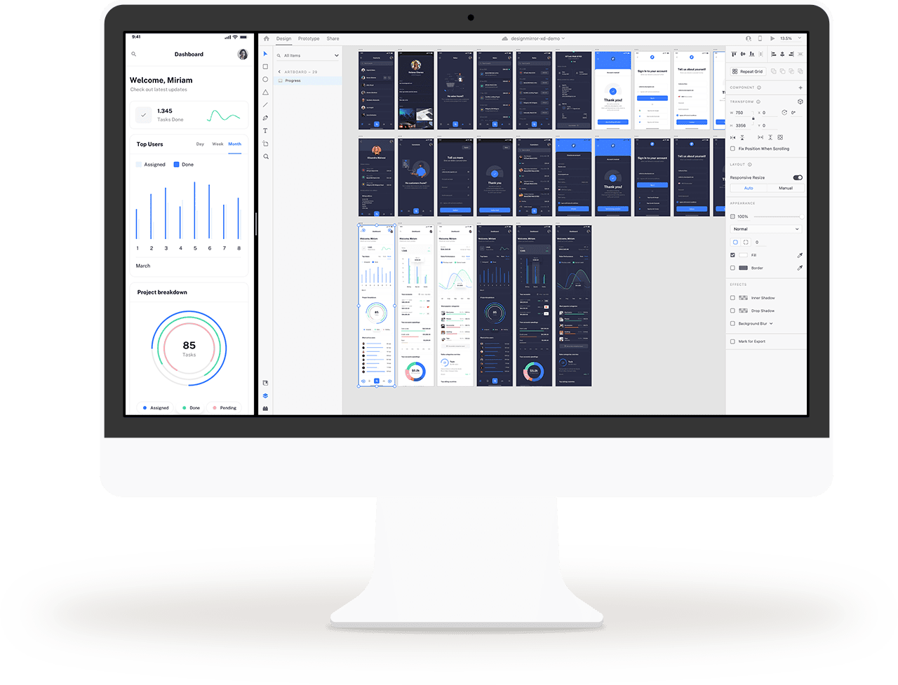 Adobe XD 中的 Design Mirror 插件面板
